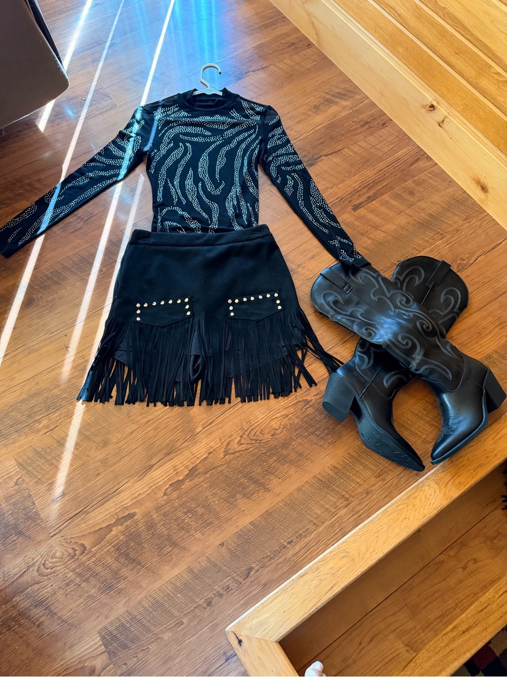 Black Fringe Suede Mini Skirt with Studded Pockets